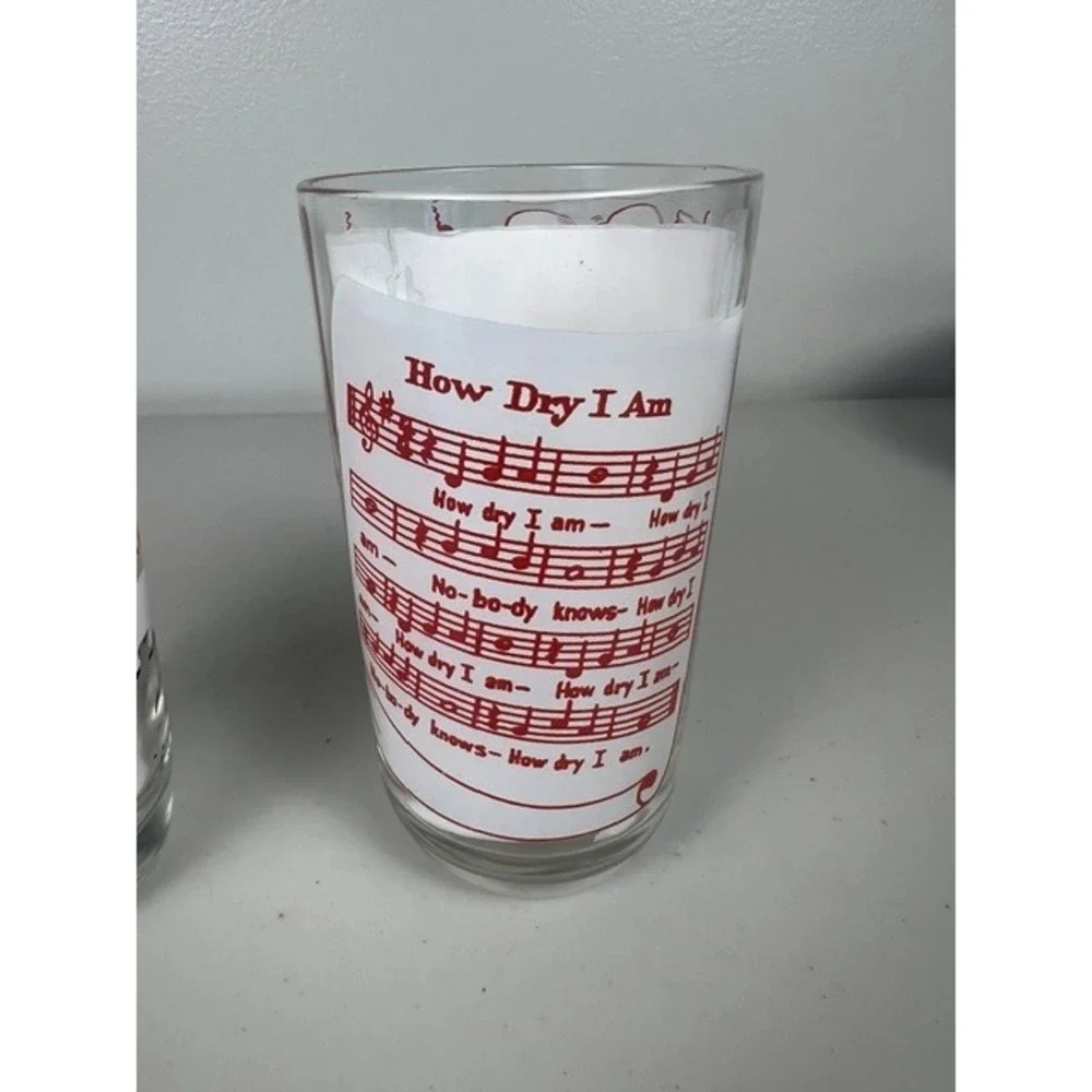 Vintage Mid-Century Musical Highball Glasses Flying Trapeze How Dry I Am Set 2